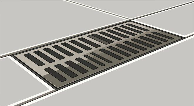 Detailed illustration of a rectangular storm drain grate with parallel slots on grey concrete