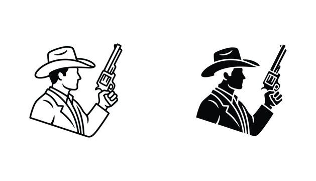 Cowboy holding revolver in profile silhouette and line art style for western themed graphic design or outlaw character mascot branding with clean vector lines and high contrast visual appeal