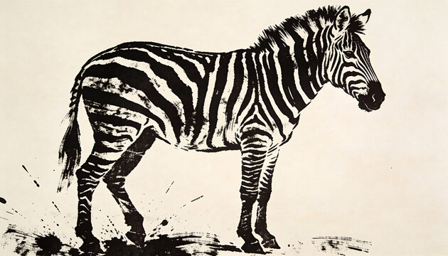Black and white artistic ink drawing of a zebra standing with expressive paint splatters at its feet