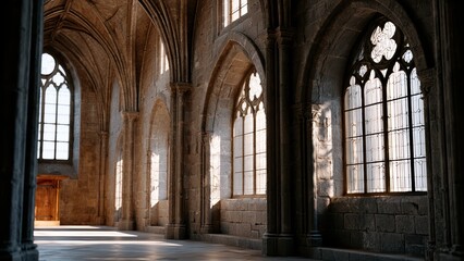 Naklejka premium Ancient gothic architecture bathed in morning light, casting dramatic shadows within a vast hall
