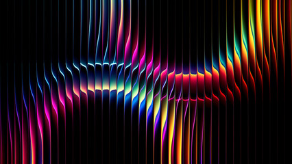 Obraz na płótnie Canvas Abstract neon circles through vertical ribbed glass forming colorful geometric bright spectrum gradients, optical distortion, layered circular shapes for creative futuristic digital project. 3d render