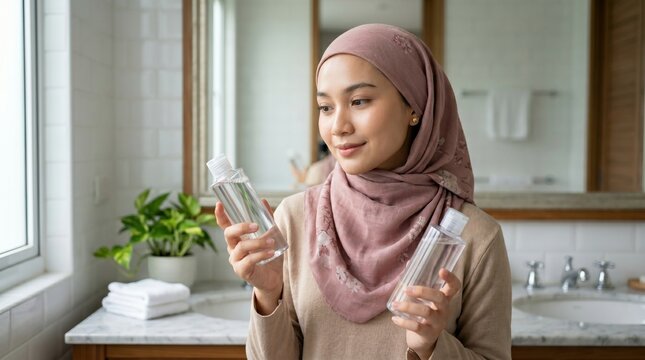 Beautiful thoughtful Southeast Asian young woman in hijab holding micellar water bottles in a bathroom, skincare routine concept