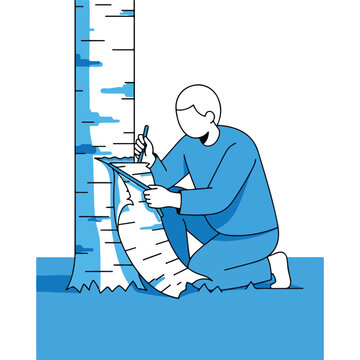 Blue figure kneels, carefully peeling bark from a white, scaled tree trunk with a tool