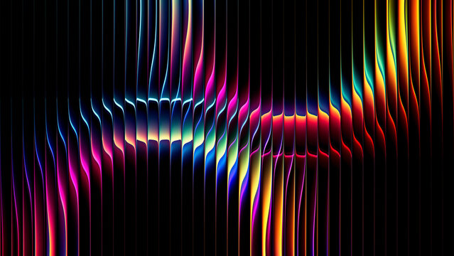 Abstract neon circles through vertical ribbed glass forming colorful geometric bright spectrum gradients, optical distortion, layered circular shapes for creative futuristic digital project. 3d render
