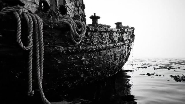 Black and white close up of a dilapidated fishing boat, resting in calm water near shoreline.