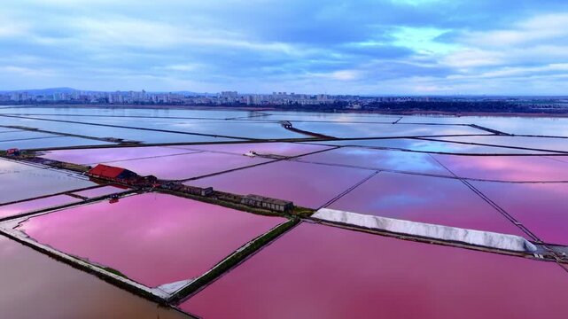 High angle shot of rectangular salt pans filled with pink brine under a cloudy sky near a coastal city with white salt heaps. Aerial view of pink salt evaporation ponds in Burgas Bulgaria.