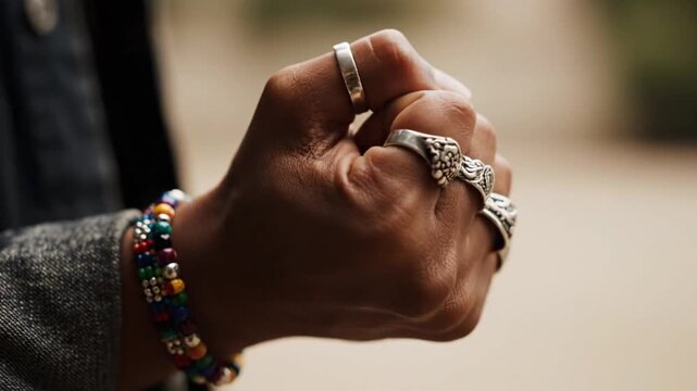 Close Up Of A Male Hand With Ornate Silver Rings And Beaded Bracelet Clenching Into A Tight Fist Against A Blurred Background