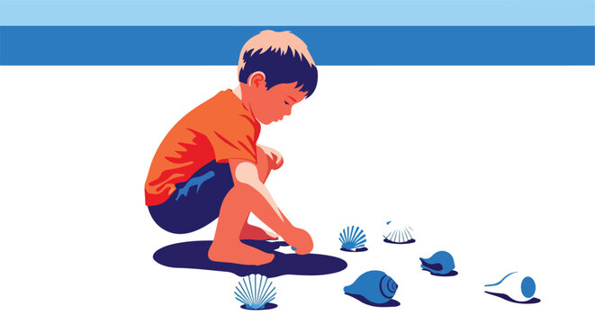 Young boy intently collecting blue seashells on a beach with a two-tone blue background