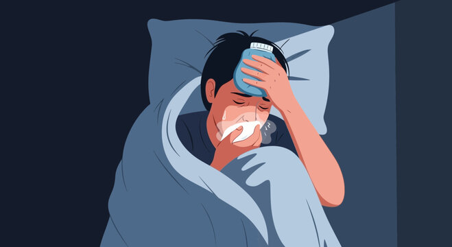A Sick Person Lying In Bed In The Dark With A Cold Compress On Forehead