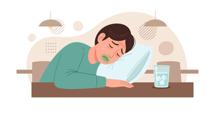 Fototapeta premium A Sick Person Lying On The Table With a Glass Of Water And Droplets