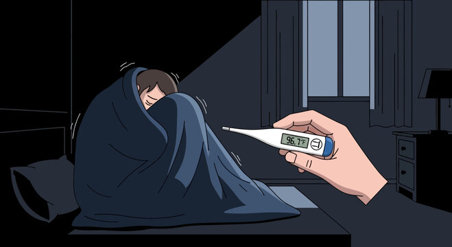 A Sick Person Measures Temperature in Bed at Night, Feeling Feverish and Ill