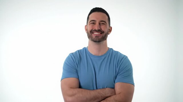 Young caucasian man in a light blue t-shirt, with dark hair and beard, smiles confidently, crossing arms against a white studio background. Concept of professionalism, reliability, and positivity.