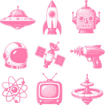 Halftone vector art of retro futuristic pink space icons with dotted grunge and transparent elements with rocket, robot, ufo, raygun, satellite, helmet