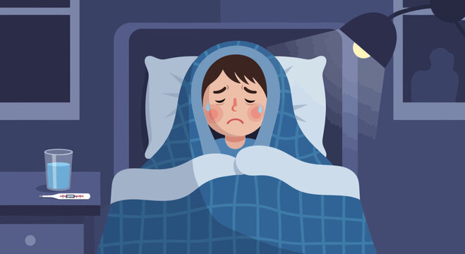 A Sick Person Lying In Bed Wrapped Under A Blanket in Pain and Feverish at Night.