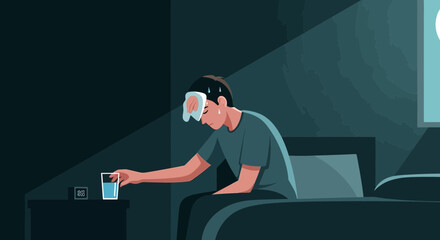 Fototapeta premium A Sick Person With Fever Reaching For A Glass Of Water In Darkness At Night