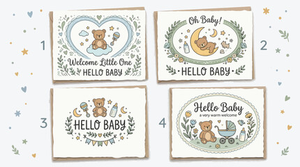 Four charming "Hello Baby" greeting cards featuring teddy bears, rattles, baby bottles, and crescent moons, perfect for welcoming a newborn. © Terra