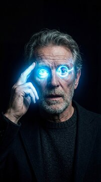 Man with glowing blue eyes and telepathic mind power. Senior male using intense psychic energy through mental focus. Futuristic sci-fi character portrait for technology and vision concept.