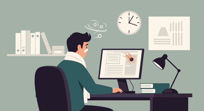 A Sick Person Working From Home, Overworked While Having Some Difficulties at the Computer