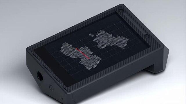 Cinematic close-up of a futuristic black handheld device displaying complex 3D topographical data. The camera slowly shifts focus, highlighting its sleek industrial design and interface.