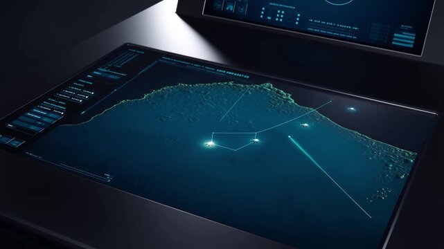 A high-tech control panel displays a glowing 3D topographical map of a coastal region, with data points and lines tracking movement in a dark command center.