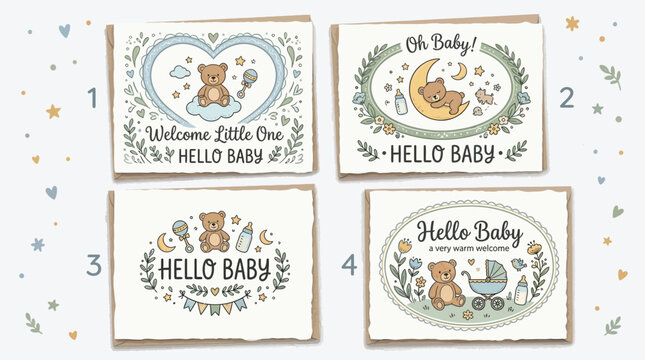 Four charming "Hello Baby" greeting cards featuring teddy bears, rattles, baby bottles, and crescent moons, perfect for welcoming a newborn.
