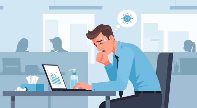 A Sick Worker Coughing At His Desk While Considering The Virus' Presence