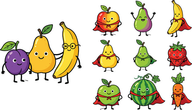 Cute superhero fruits and vegetables character collection, cartoon vector illustration set for kids, healthy food and mascot design