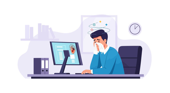 A Sick Worker Experiencing Dizziness and Illness While Sitting At His Desk In An Office Setting