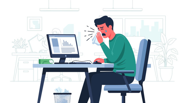 A Sick Worker Sneezing And Working In Office Under Environmental Infection Threat