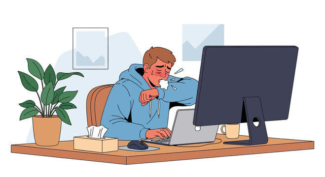 A Sick Worker Sneezing At His Desk While Working on The Computer With a Plant