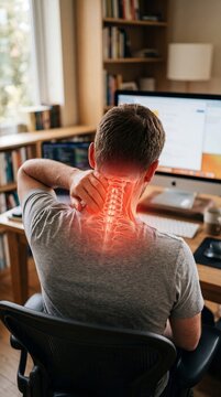 Man suffering from neck pain while sitting at computer. Office worker feeling stress and muscle tension in spine. Healthcare concept about physical health, ergonomics and bad posture.
