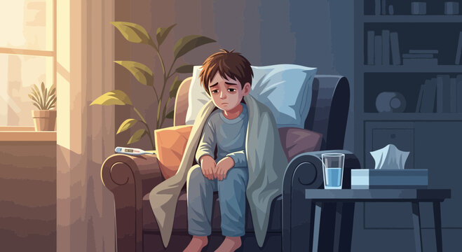 A Sickening Scene Depicting a Weary Young Child Wrapped in a Blanket Feeling Unwell