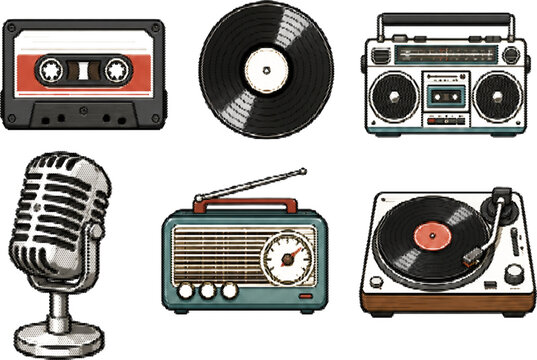 Halftone vector dotted retro grunge transparent audio icons with cassette microphone vinyl boombox turntable