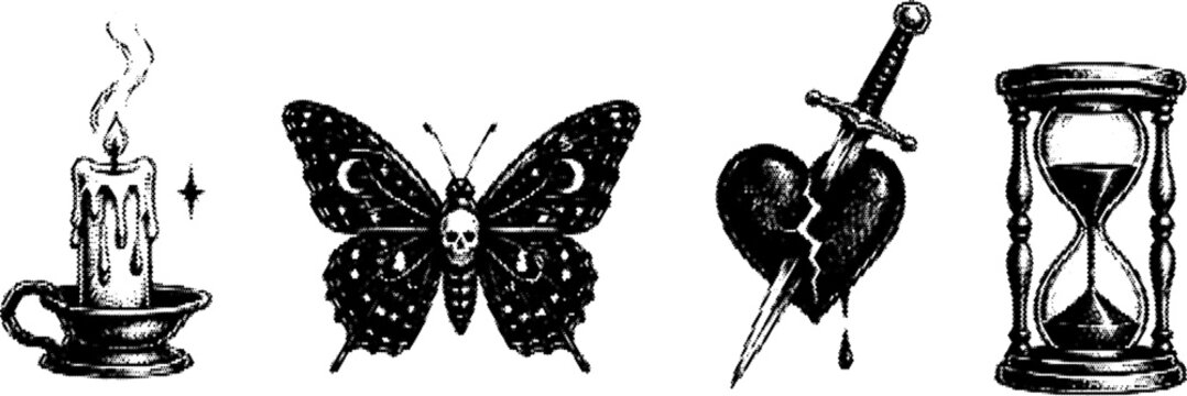 Halftone vector dotted retro grunge transparent candle, butterfly, dagger heart, hourglass set