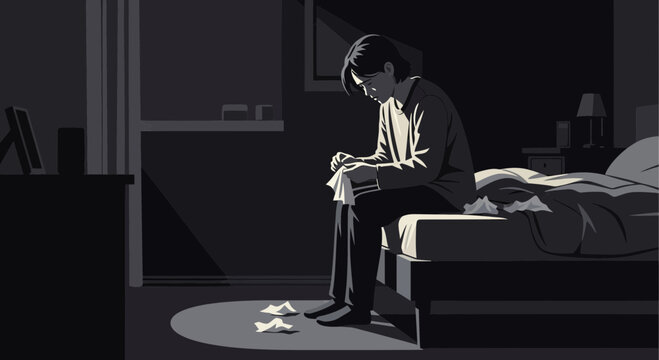 A Silhouetted Figure Is Experiencing Grief and Sadness in a Dimly Lit Bedroom Scene
