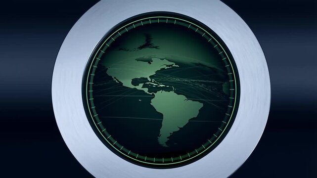 A futuristic radar interface features a glowing green map of the Americas inside a metallic circular frame, set against a dark, sleek blue background.