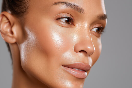 Glowing skin close up smooth pore skin texture radiant complexion natural makeup soft lips