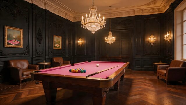 Luxury pool table room with chandeliers