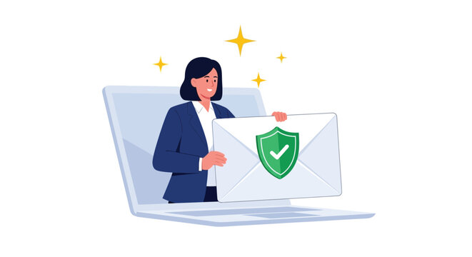 Businesswoman emerging from laptop holding secure email message with shield and checkmark