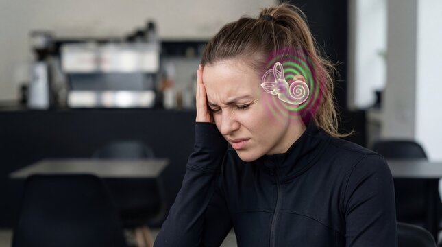 Woman suffering from vertigo or ear pain with vestibular system visualization. Medical illustration of inner ear issues. Concept of dizziness, imbalance, tinnitus and healthcare diagnostic.