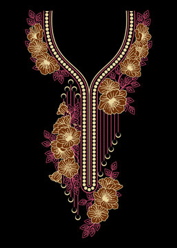 Golden floral embroidery neckline pattern vector with intricate brown flowers, magenta leaves, and beaded detail on a black background. Ideal for fashion textile print.