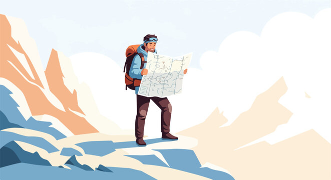 Hiker with backpack and goggles studying a map in a cold, stylized mountainous landscape