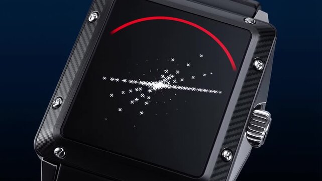 A close-up shot of a high-tech carbon fiber wristwatch featuring a digital display with a celestial white star pattern and a red arc indicator against a dark background.
