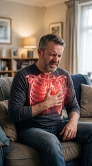 Fototapeta premium Man suffering from heart attack. Mature man clutching his chest with graphic illustration of human heart and ribs. Pain, cardiology, health emergency and medical condition concept.