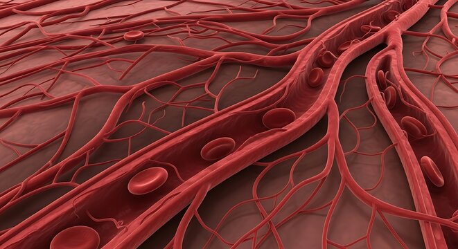 Microscopic view of red blood cells flowing through human capillaries.