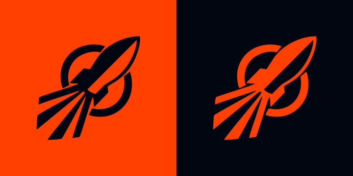 Orange rocket with jets and rounding line logo, Modern rocket logos on contrasting backgrounds for branding