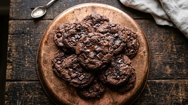 Freshly baked double chocolate chip cookies featuring melting chunks sit high in a vintage scratched copper baking pan upon a dark wooden desk.