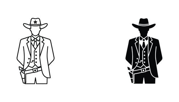 Cowboy vector icon set for western themes and sheriff characters in outline and solid black style isolated on white background