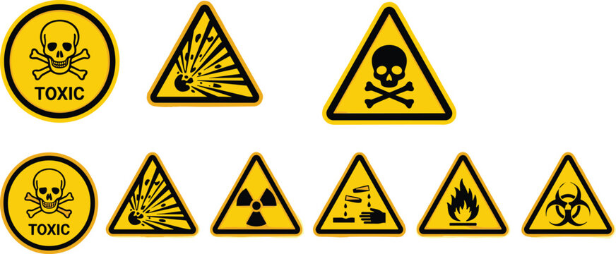 Hazard warning symbol collection with toxic, explosive, radioactive and biohazard signs, vector illustration set