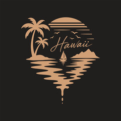 Hawaii tropical sunset illustration for t-shirt, poster, logo, sticker, and merchandise © D GANGGA